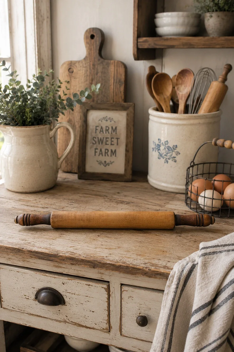 Vintage Slim Wooden Rolling Pin Country Farmhouse Baking